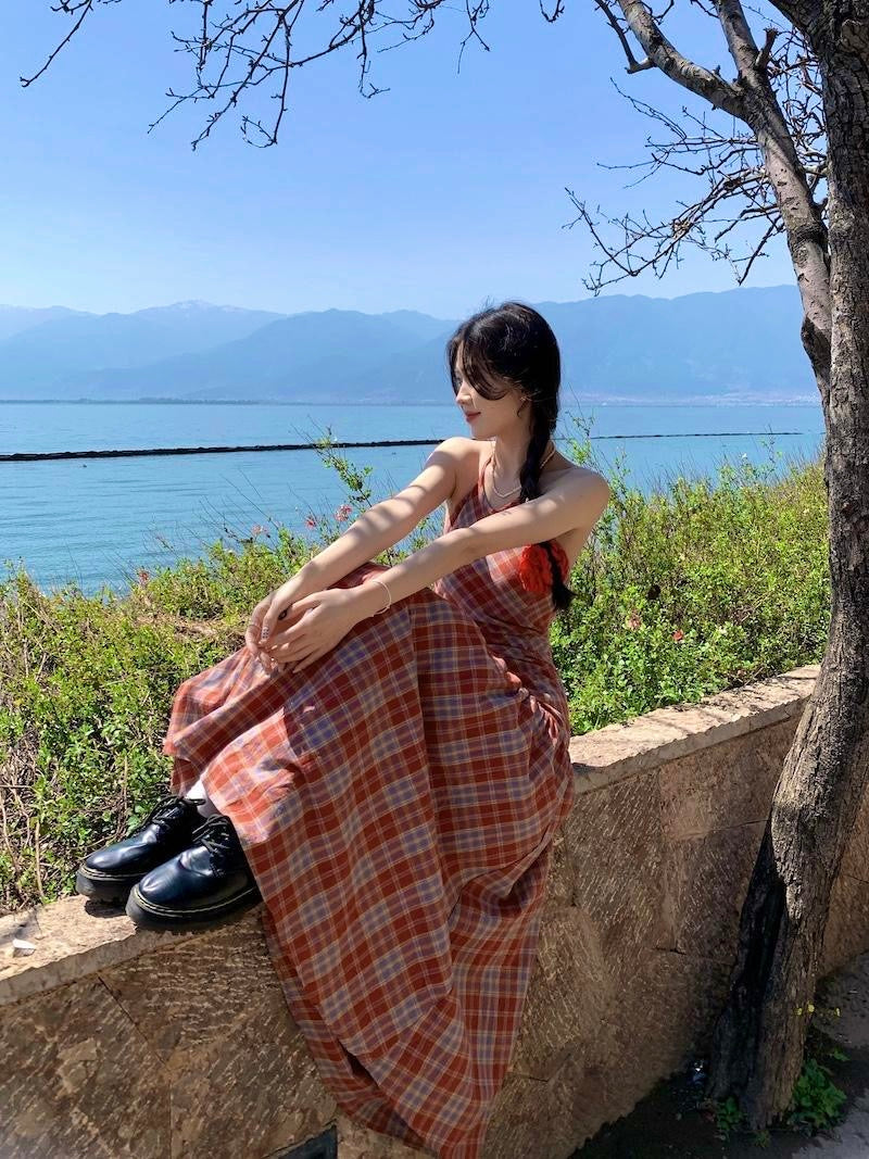 Grid Red Long Dress