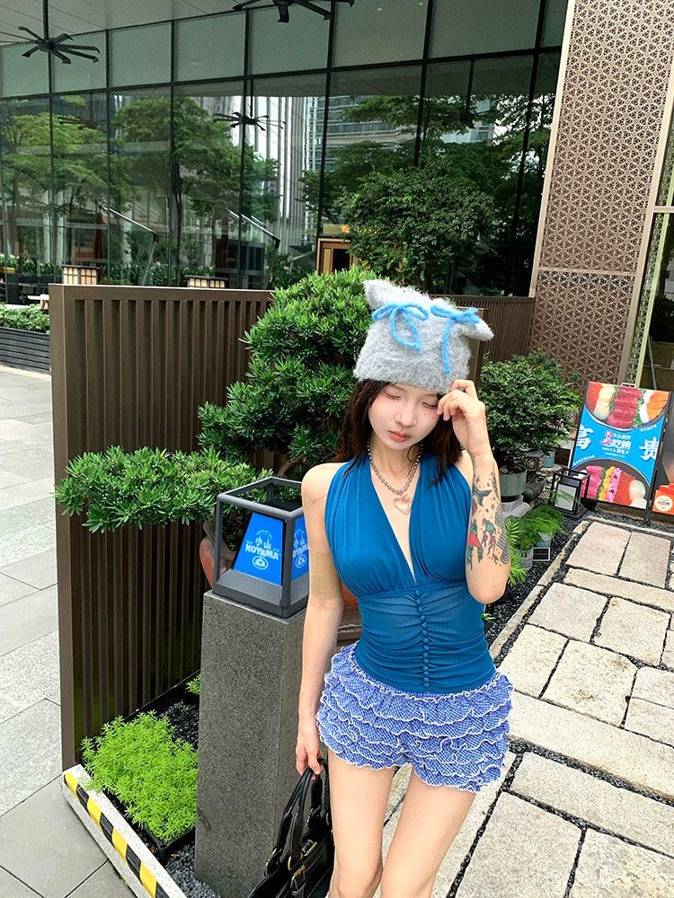 Round Neck V Collar Blue Top