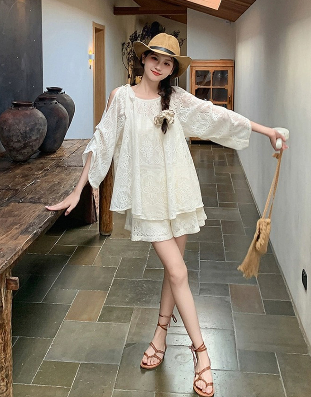 Beige Lace Mom Two Piece Set