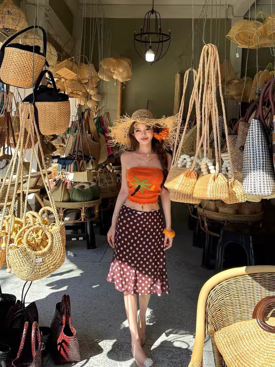 Orange Top + Brown Polka Dot Skirt Two Piece Set
