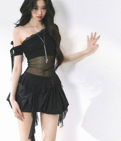Laces Mesh Side Off Shoulder Sleeve Top
