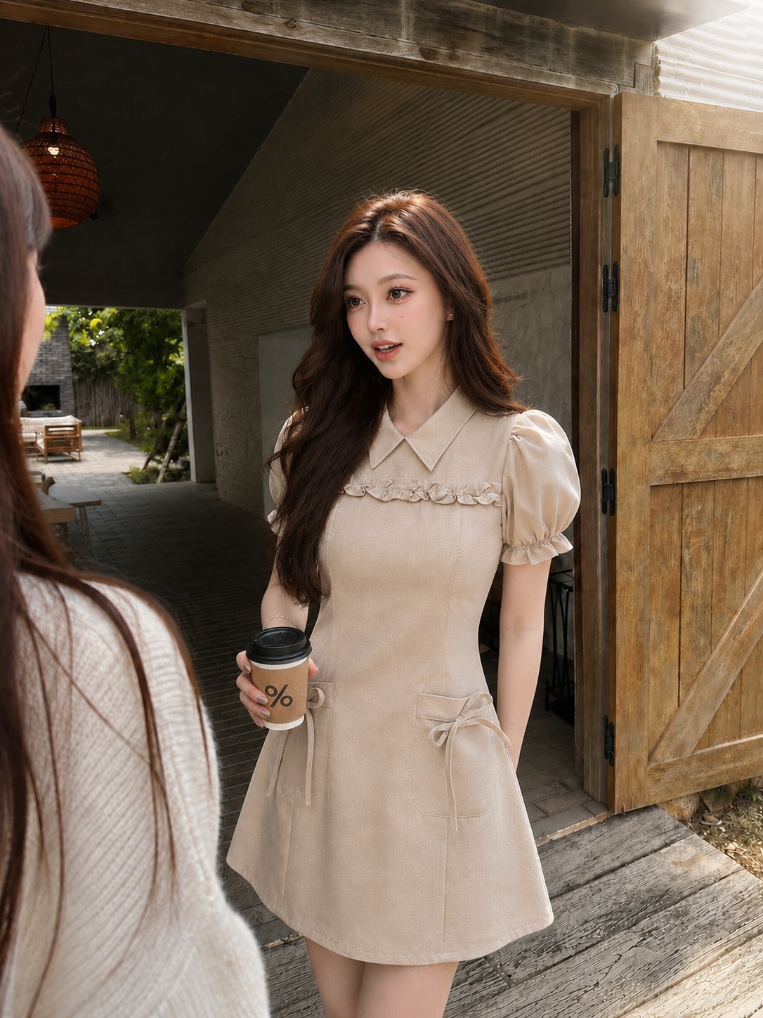 Khaki Puff Sleeve Mini Dot Dress