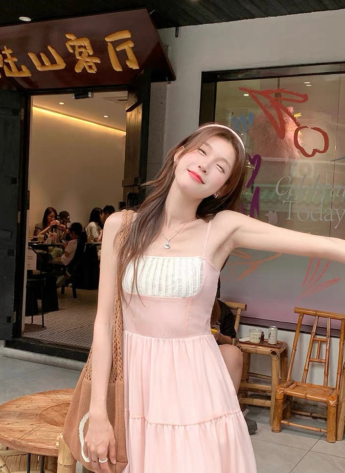 Mix Cream Pink Strap Long Dress