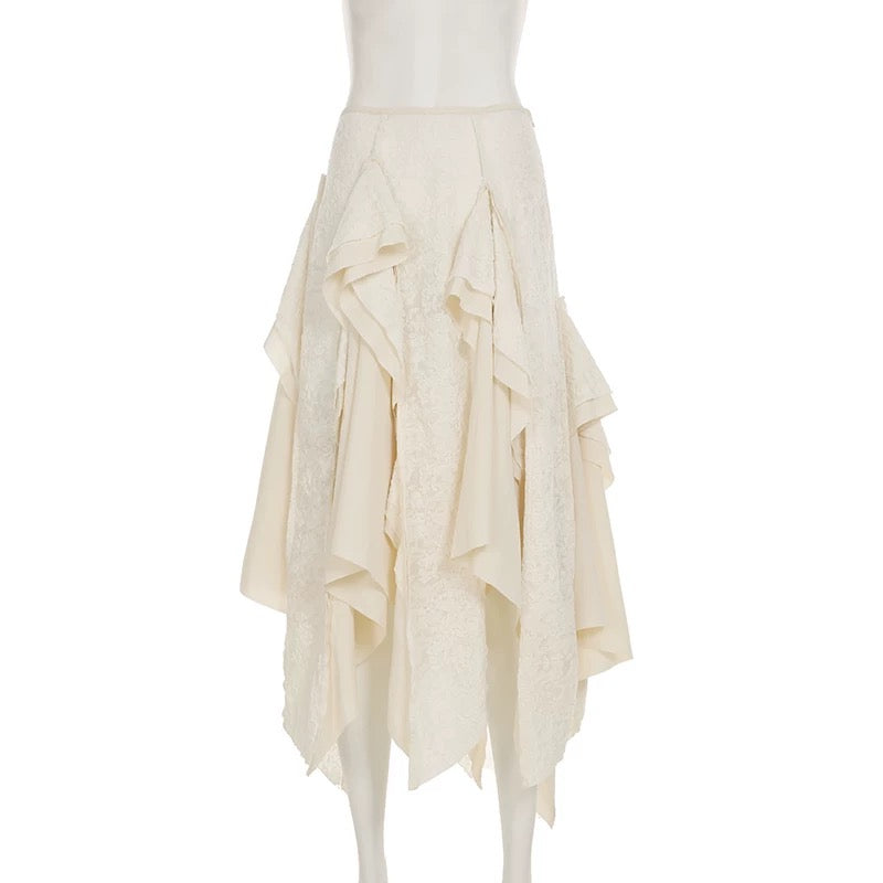 Creamy Unequal Mix Lace Long Skirt