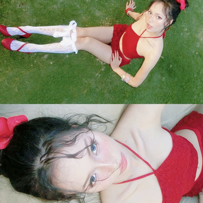 Red Laces Top + Mini Cake Skirt Two Pieces Set