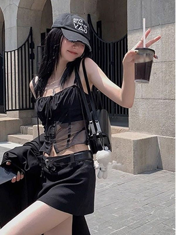 Strap Mesh Top (Black, Wine Red)