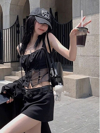 Strap Mesh Top (Black, Wine Red)