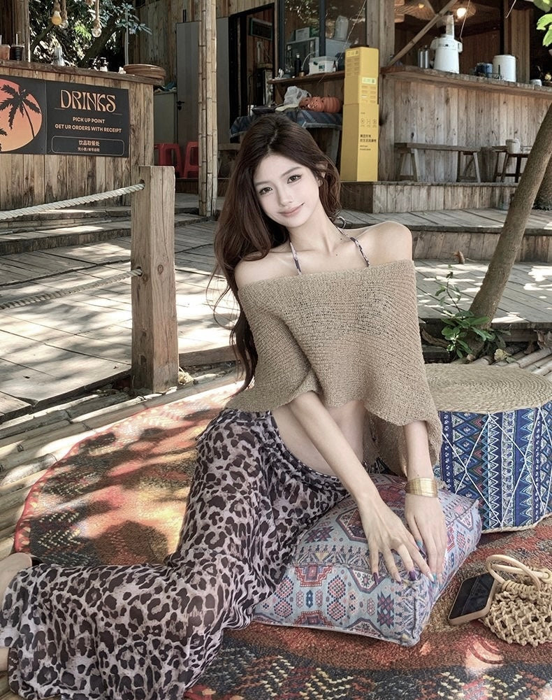 Leopard Bikini + Skirt + Top BK55 Four Piece Set