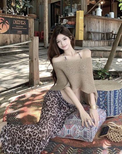 Leopard Bikini + Skirt + Top BK55 Four Piece Set
