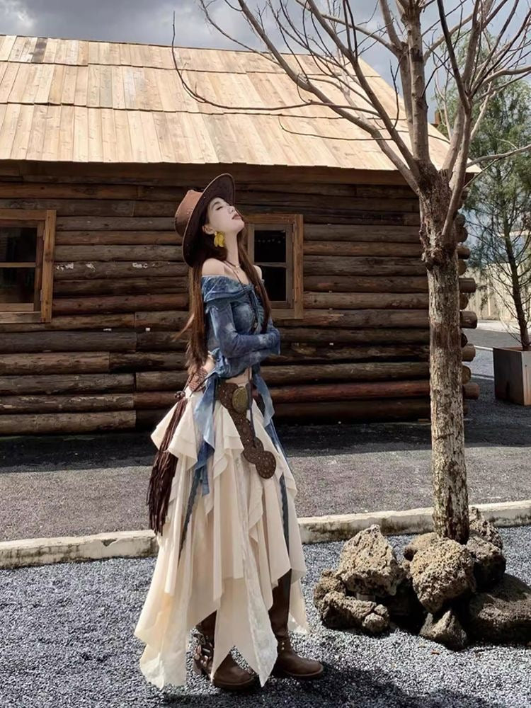 Creamy Unequal Mix Lace Long Skirt