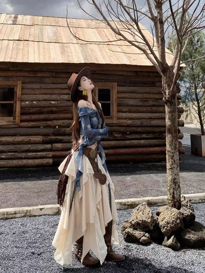 Creamy Unequal Mix Lace Long Skirt