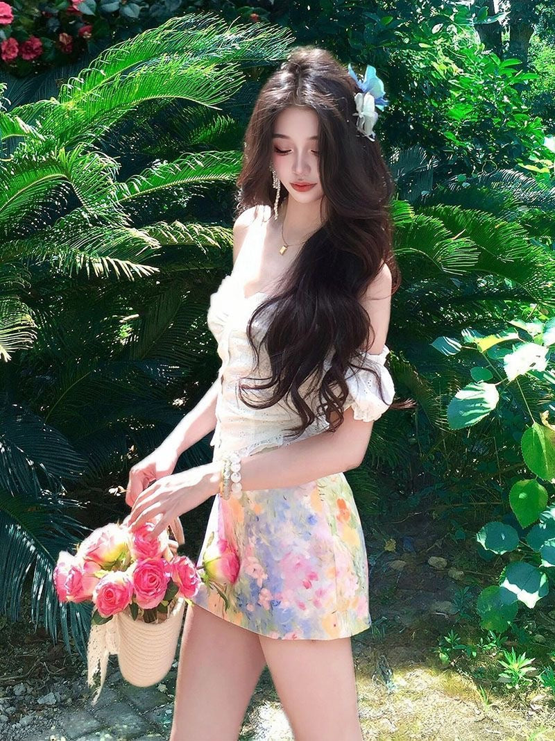 White Top + Floral Skirt Two Piece Set