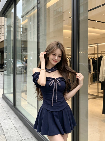 Off Shoulder Top + Blue Skort Two Piece Set (Navy, Khaki)