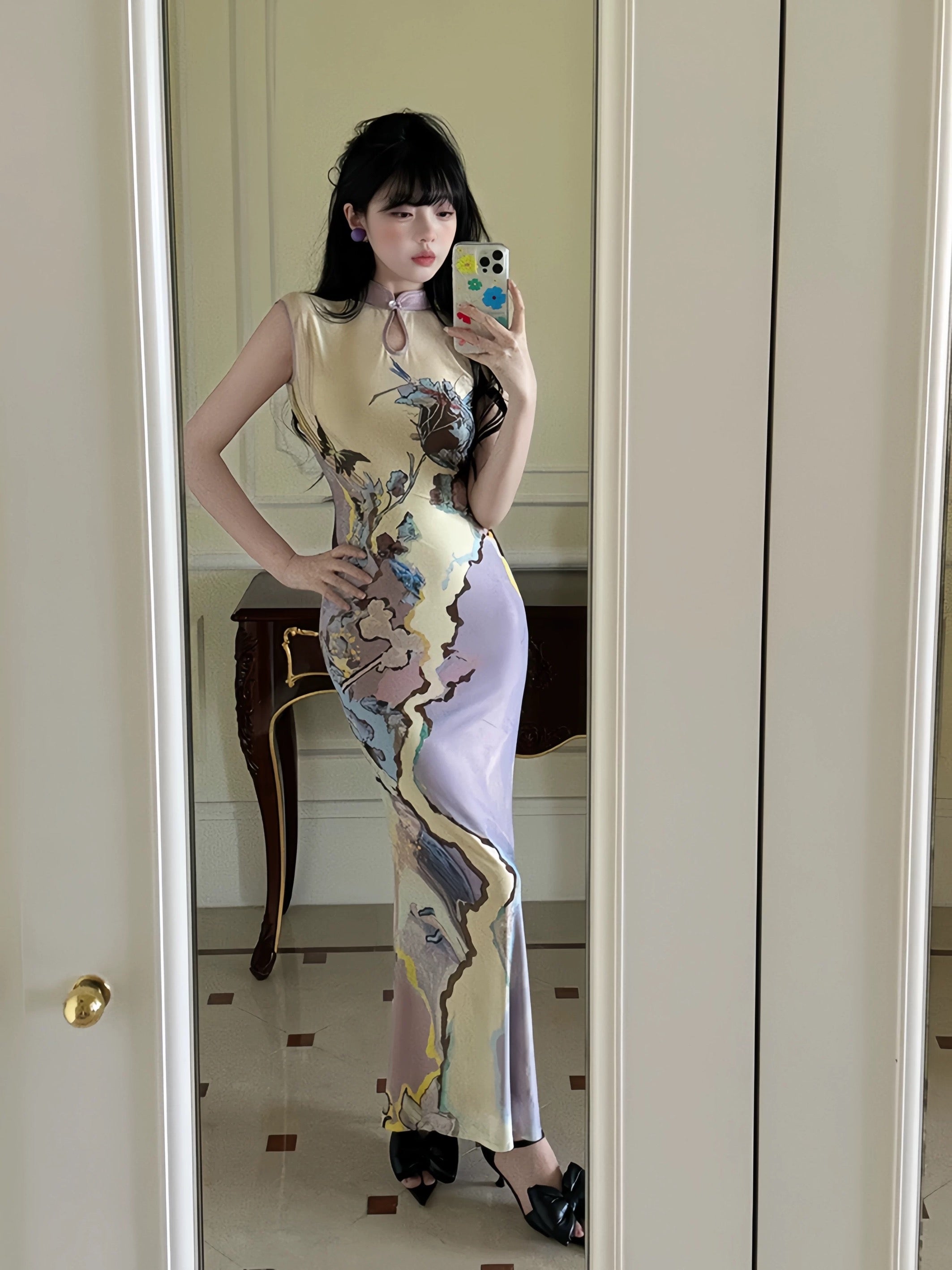 Purple Mix Yellow Two Wear Cheongsam CD035 Long Dress (S, M)