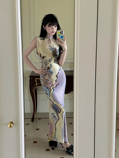 Purple Mix Yellow Two Wear Cheongsam CD035 Long Dress (S, M)