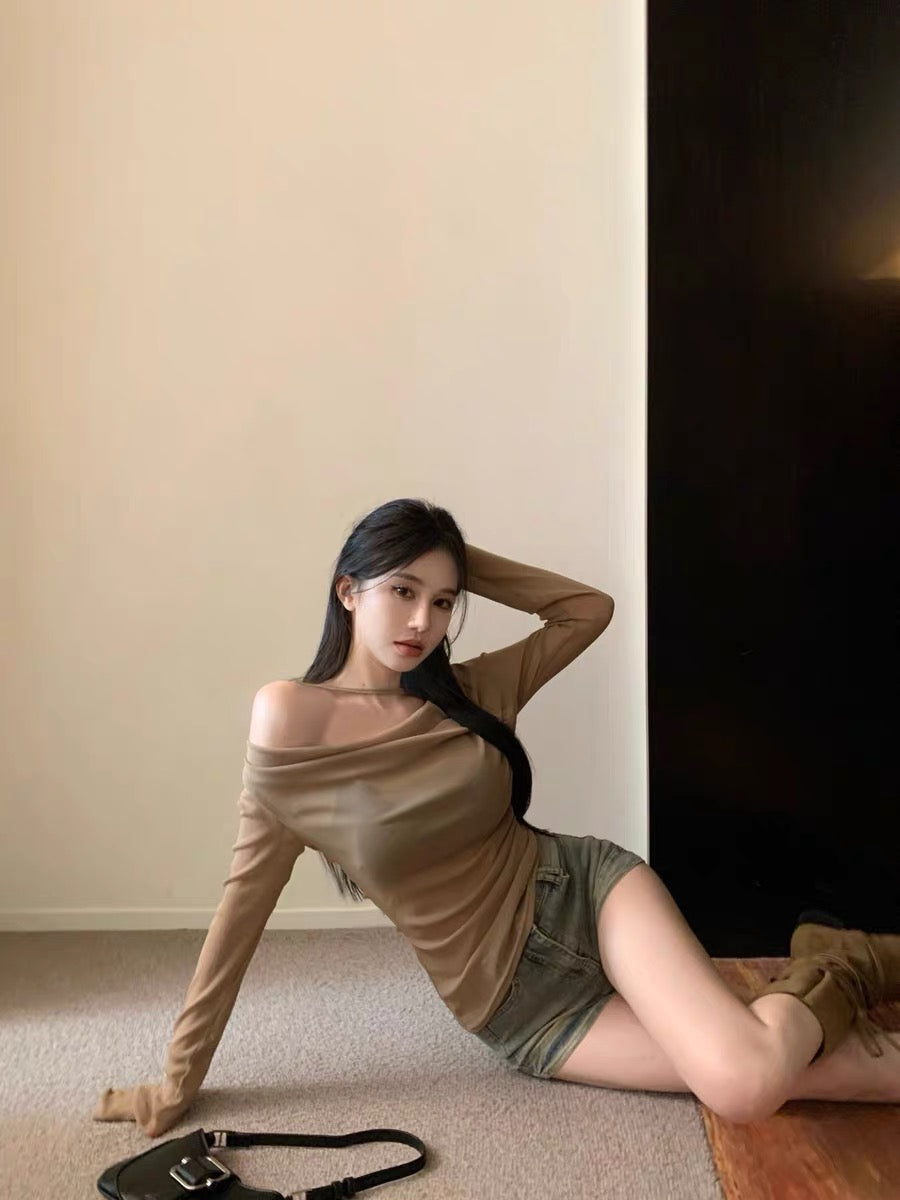 Mesh Off Side Shoulder Long Sleeve Top with tube