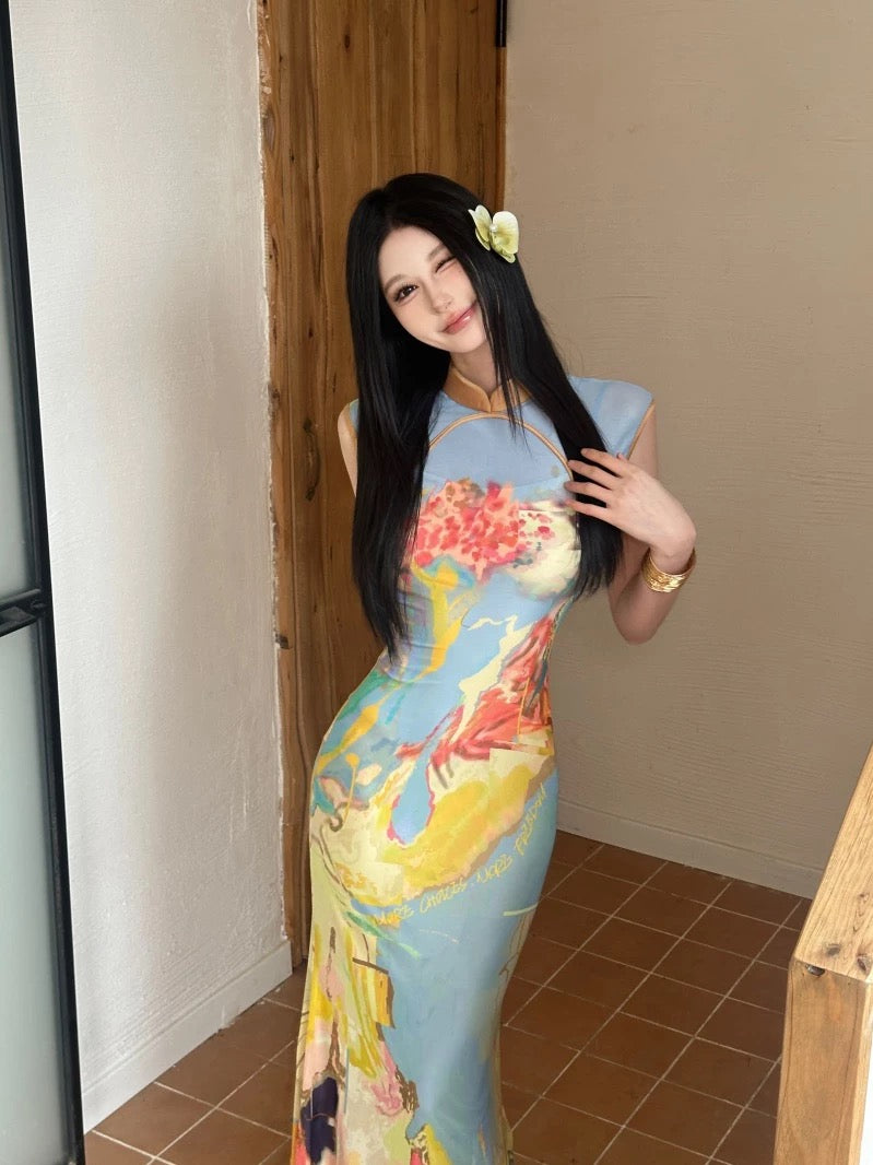 Orange Mix Blue Two Wear Cheongsam CD035 Long Dress (S, M)