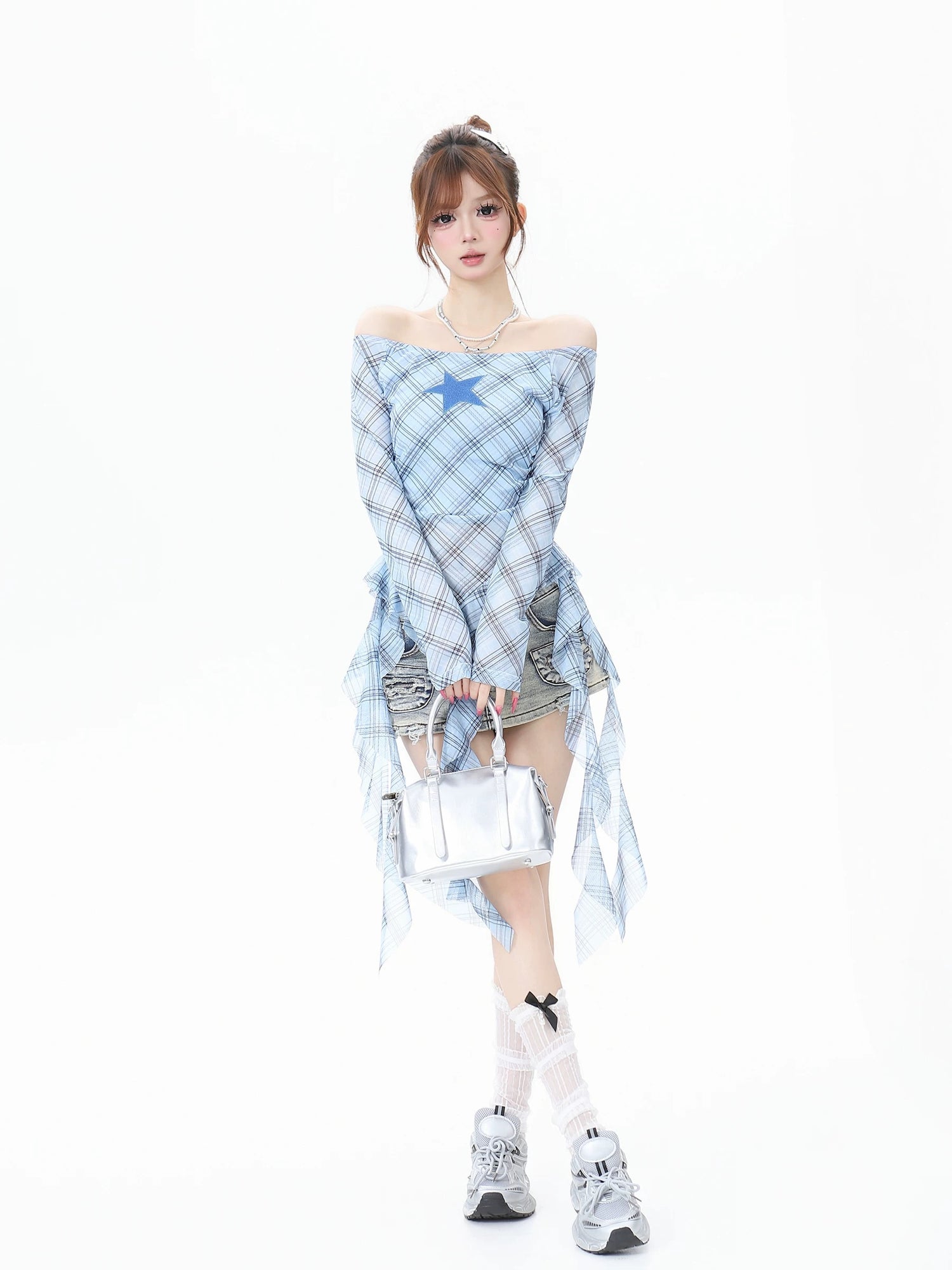 Grid Star Off Shoulder Long Sleeve Mesh Top