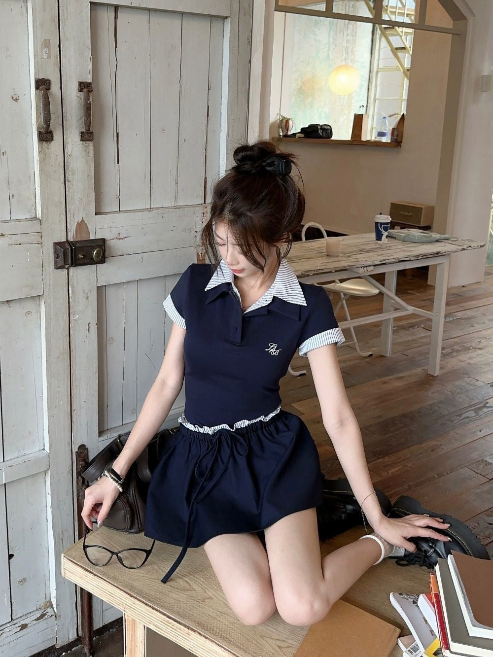 Navy Top + Skirt Two Piece Set (S,M）