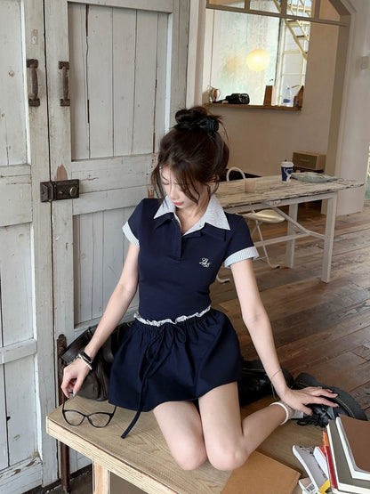 Navy Top + Skirt Two Piece Set (S,M）