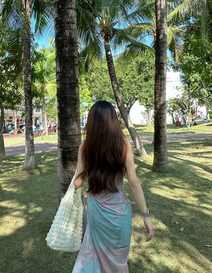 Mesh Side Tie Strap Long Dress (Pink, Blue, Grey)