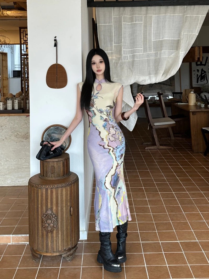 Purple Mix Yellow Two Wear Cheongsam CD035 Long Dress (S, M)