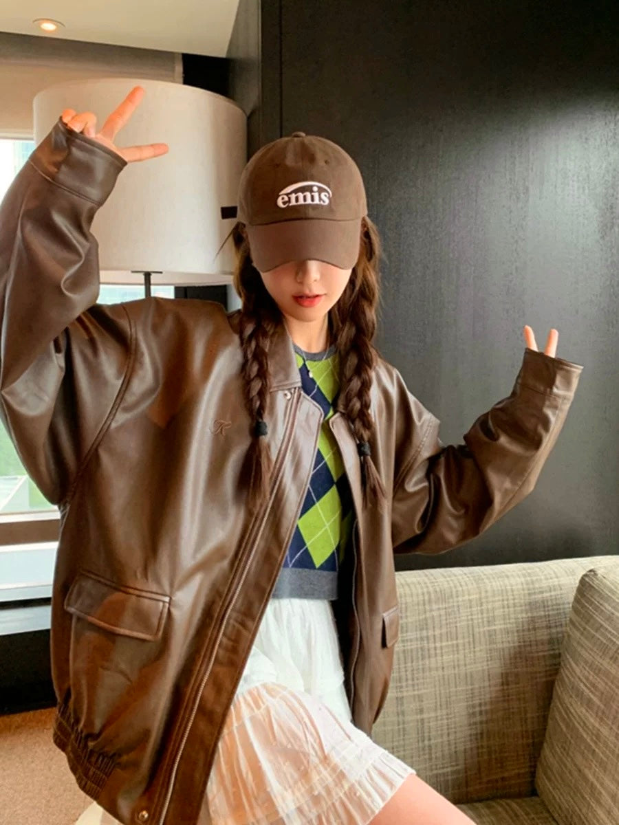Thin PU Leather Oversize Jacket (Brown)