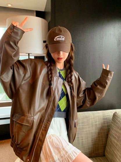 Thin PU Leather Oversize Jacket (Brown)