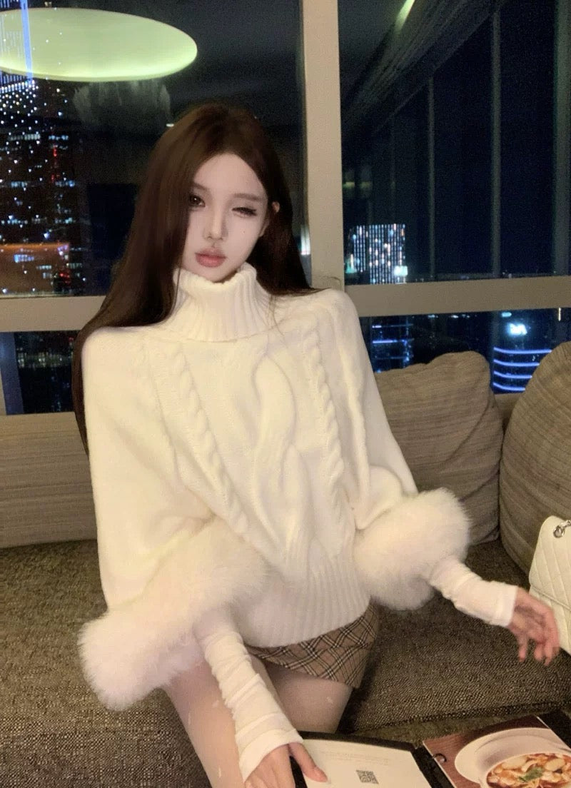 Fur Sleeve Multi Wear Collar Knitted Top (Cream, Brown)