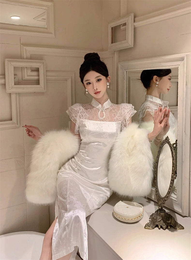 Lace Collar White Cheongsam CD001 Long Dress (S)