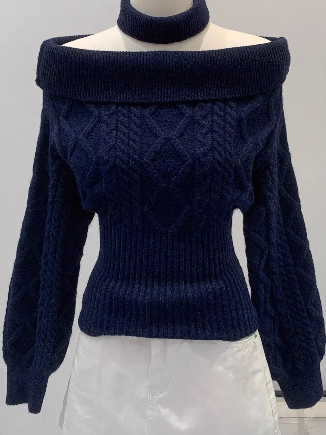 Multi Wear Off Shoulder Long Sleeve Crop Knitted Top With Collar