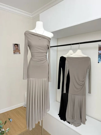 Off Shoulder Mix Mesh Long Sleeve Long Dress