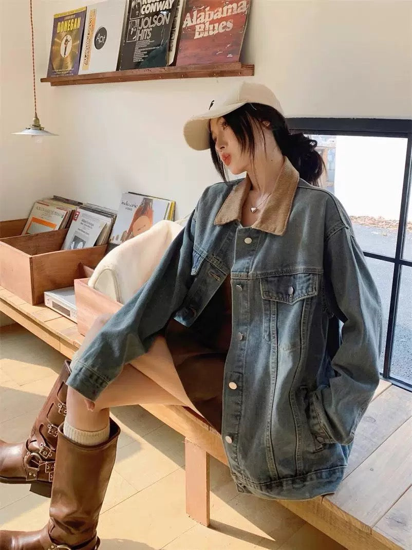 Denim Mix Brown Collar Jacket