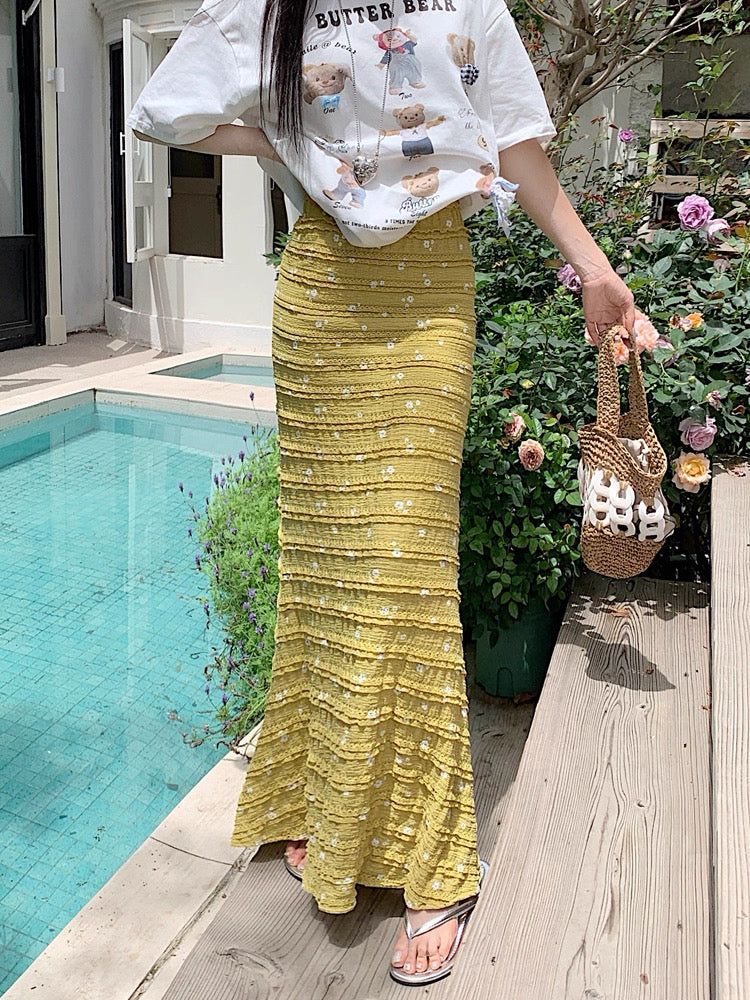 White Mini Flower Long Skirt (Blue, Yellow)