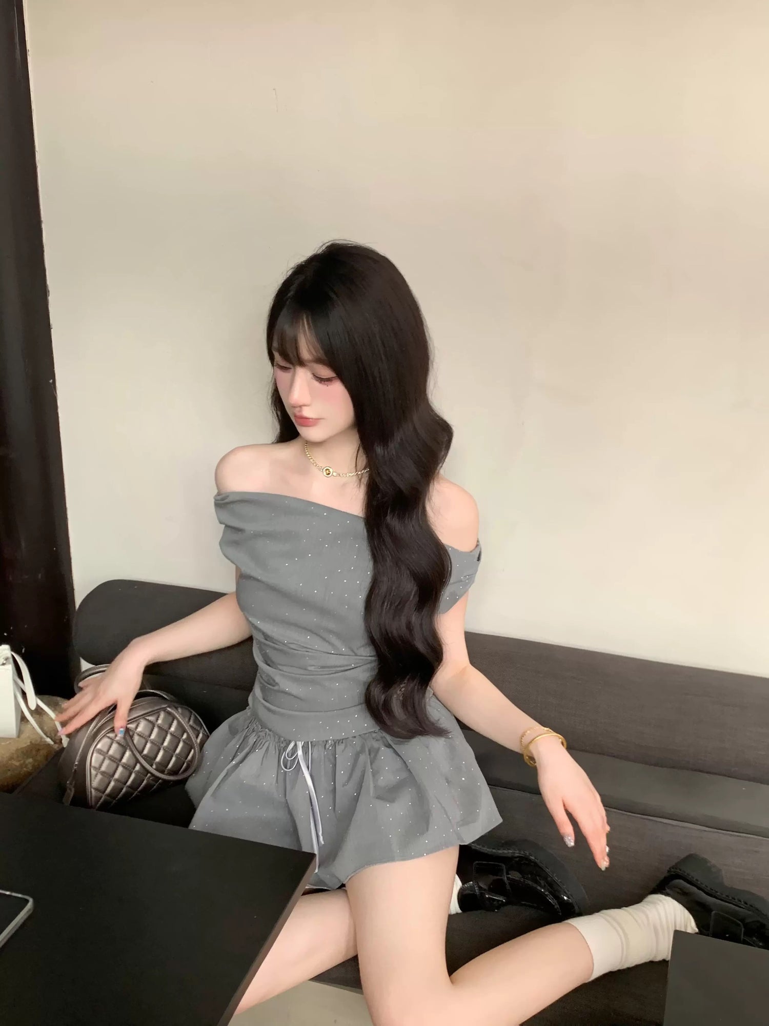 Grey Top + Skirt Two Pieces Set