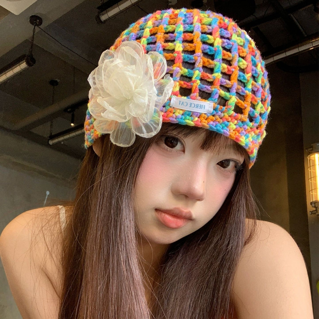 H37 Rainbow Knitted Flower Hat