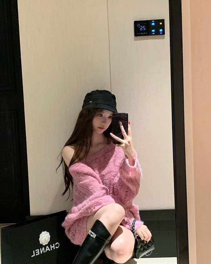 Off Shoulder Long Sleeve Pink Knitted Top