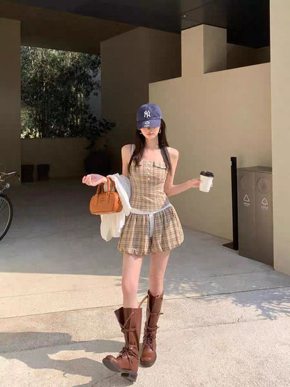 Khaki Grid Top + Skort Two Piece Set
