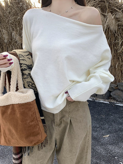 Off Side Shoulder Long Sleeve Knitted Top (Cream)