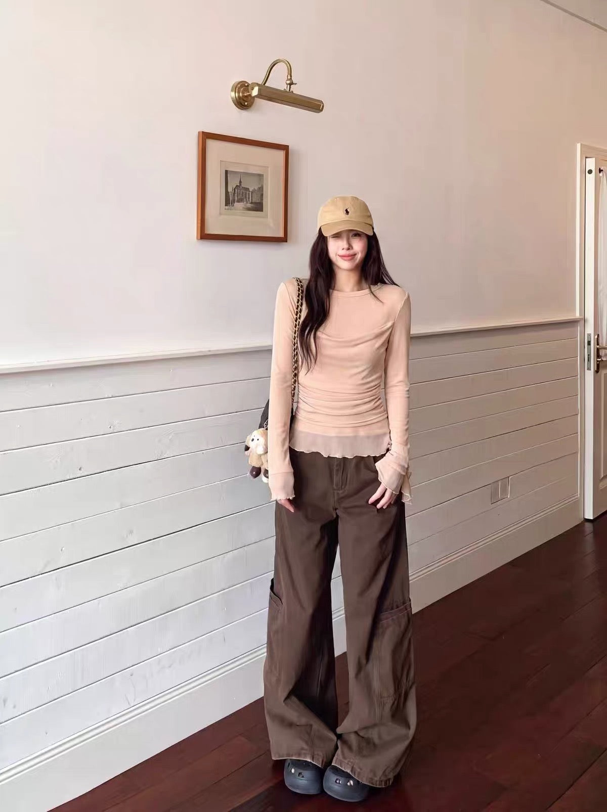 Nude / White Two Layered Mesh Long Sleeve Top