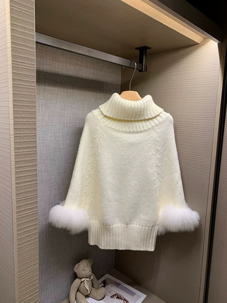 Fur Sleeve Multi Wear Collar Knitted Top (Cream, Brown)