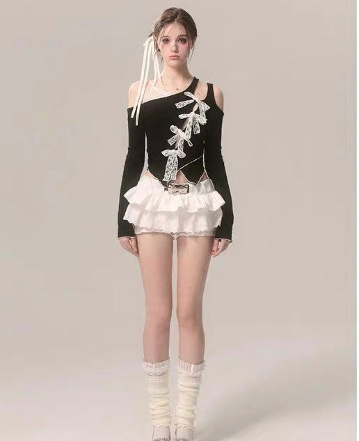 Black Mix Laces Long Sleeve Top