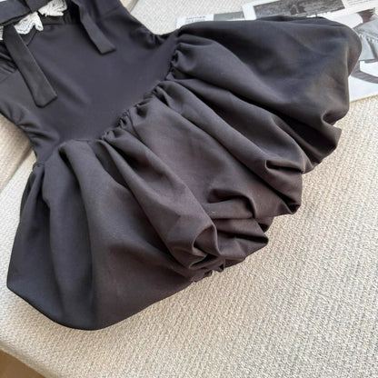 White Lace Collar Black Dress + Shorts Two Piece Set