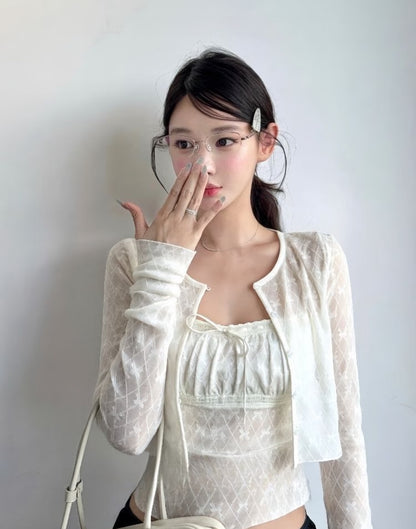White Bows Top + Crop Cardigan Two Piece Set