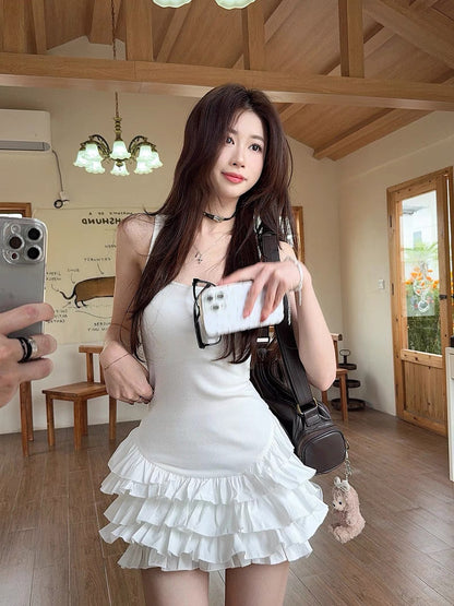 Sleeveless Cakey Bottom Dress (White, Black) S