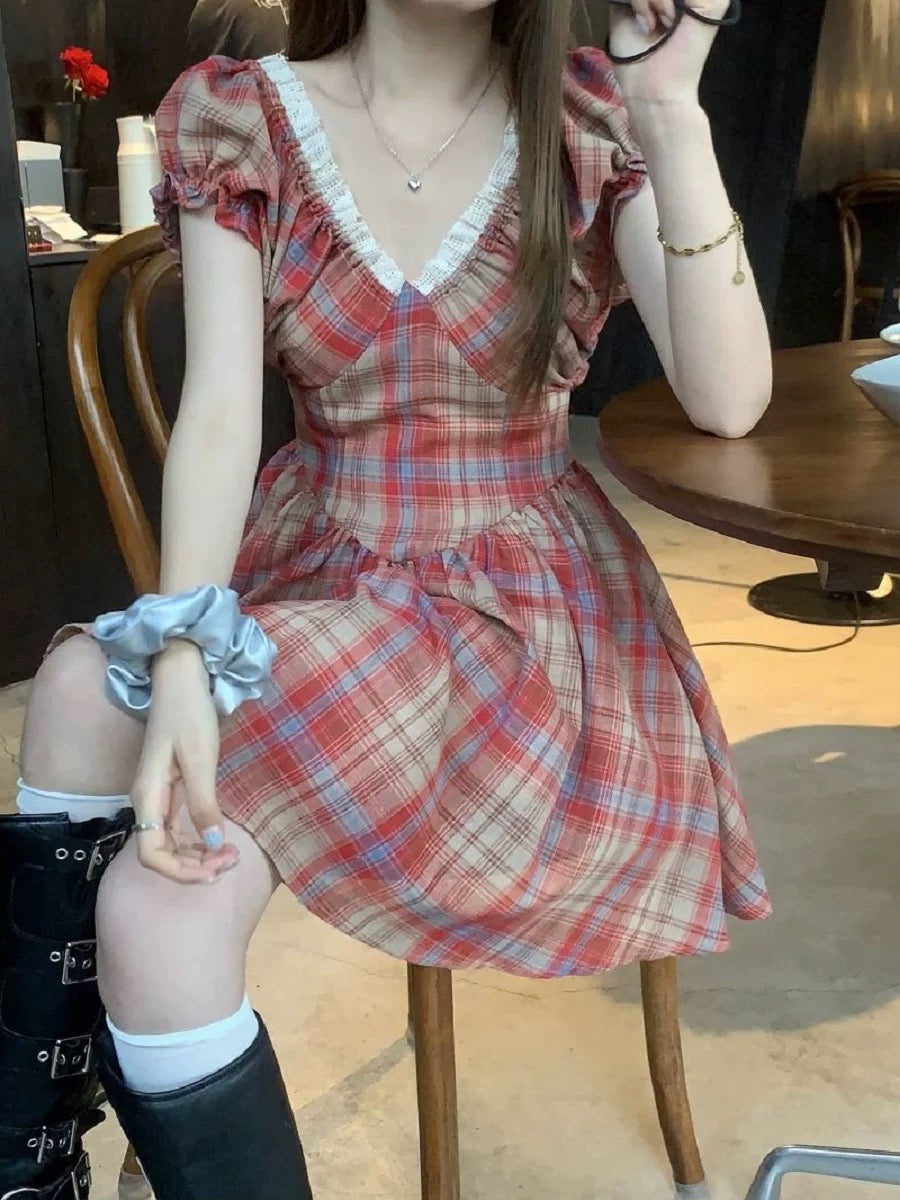 Red Grid Short Dress