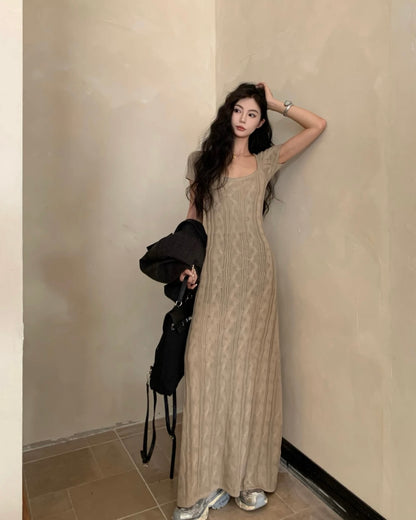 Brown Thick Knitted Maxi Long Dress