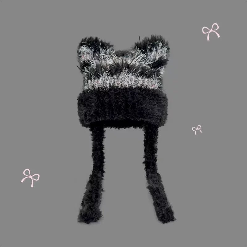Fuzzy Knitted Ribbon Kitty Hat