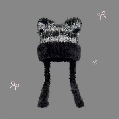 Fuzzy Knitted Ribbon Kitty Hat