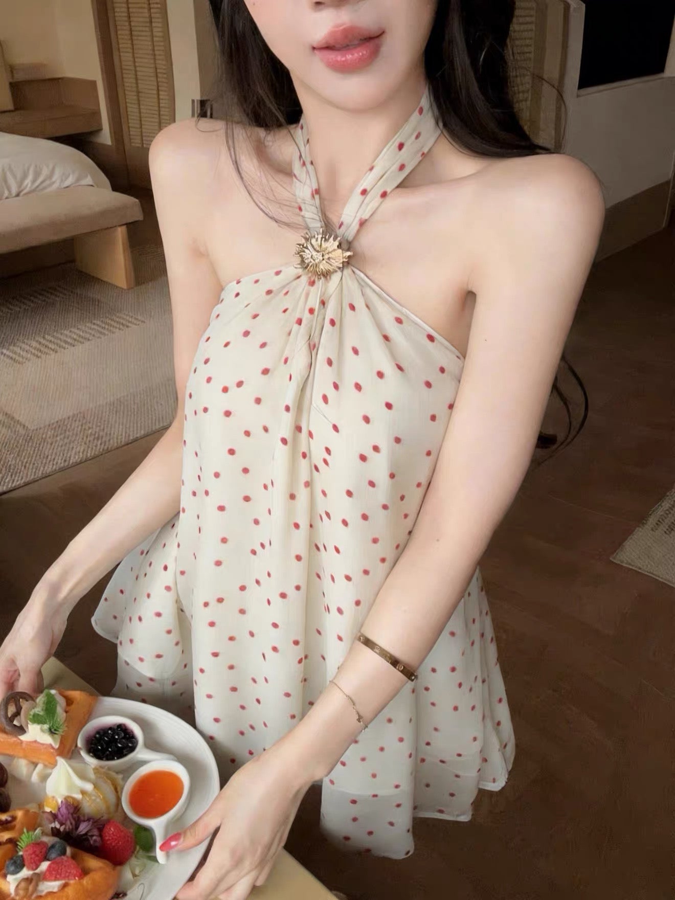 Polka Dot Round Neck Chiffon Long Top